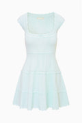 Dusty lagoon blue stretch pointelle mini dress with scoop neckline and tiered skirt