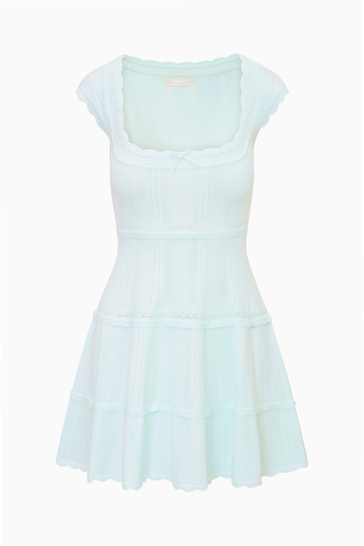 Dusty lagoon blue stretch pointelle mini dress with scoop neckline and tiered skirt