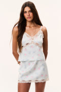 Floral satin camisole top in light blue with pink print and scalloped lace trim