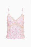 Floral satin camisole top, light blue with pink floral print, lace scalloped neckline