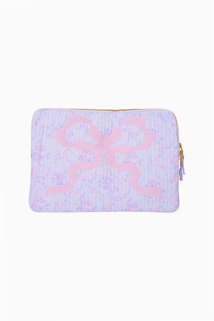 Quilted cotton laptop case in light blue with pink applique, zip closure.
