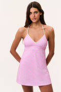 Pink patterned V-neck skater dress with thin spaghetti straps