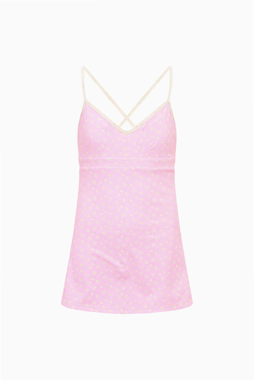 Tween ditsy floral active dress in pink, V-neck and crisscross spaghetti straps