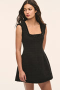 Black embellished tweed mini dress, sleeveless square neckline and scalloped trim