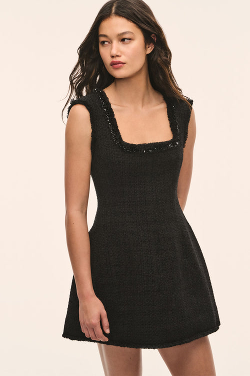Black embellished tweed mini dress, sleeveless square neckline and scalloped trim