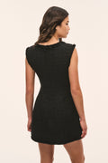 Black tweed mini dress, sleeveless square neckline with textured back detail
