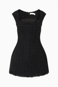 Black sleeveless tweed mini dress with square neckline and decorative edging