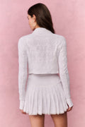 White eyelet active jacket, back view with zip front and long sleeves