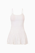 True white eyelet mini dress with spaghetti straps and tiered skirt