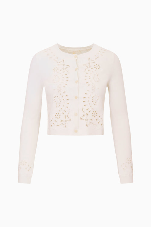White lace eyelet cardigan on a white background