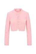 Pink cropped tweed jacket with ruffled lace trim and front button placket