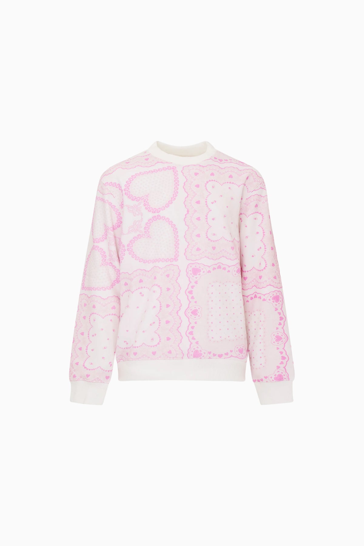 Pink girls pullover with heart print, long sleeves, and crew neck