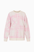 Pink fleece pullover with heart and lace pattern, crew neck, long sleeves