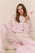 Pink heart-print fleece set with pullover and wide-leg pants, slip-on shoes