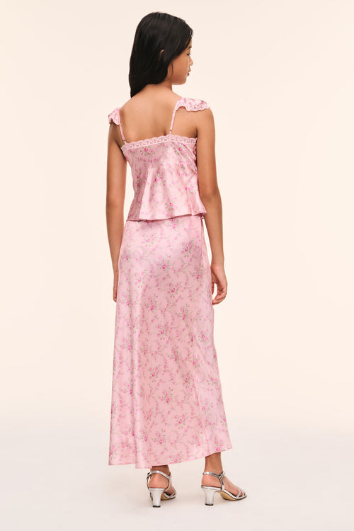 Girls' pink floral midi skirt with straight back view
