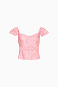Pink floral peplum top with ruffled off-shoulder sleeves and lace trim