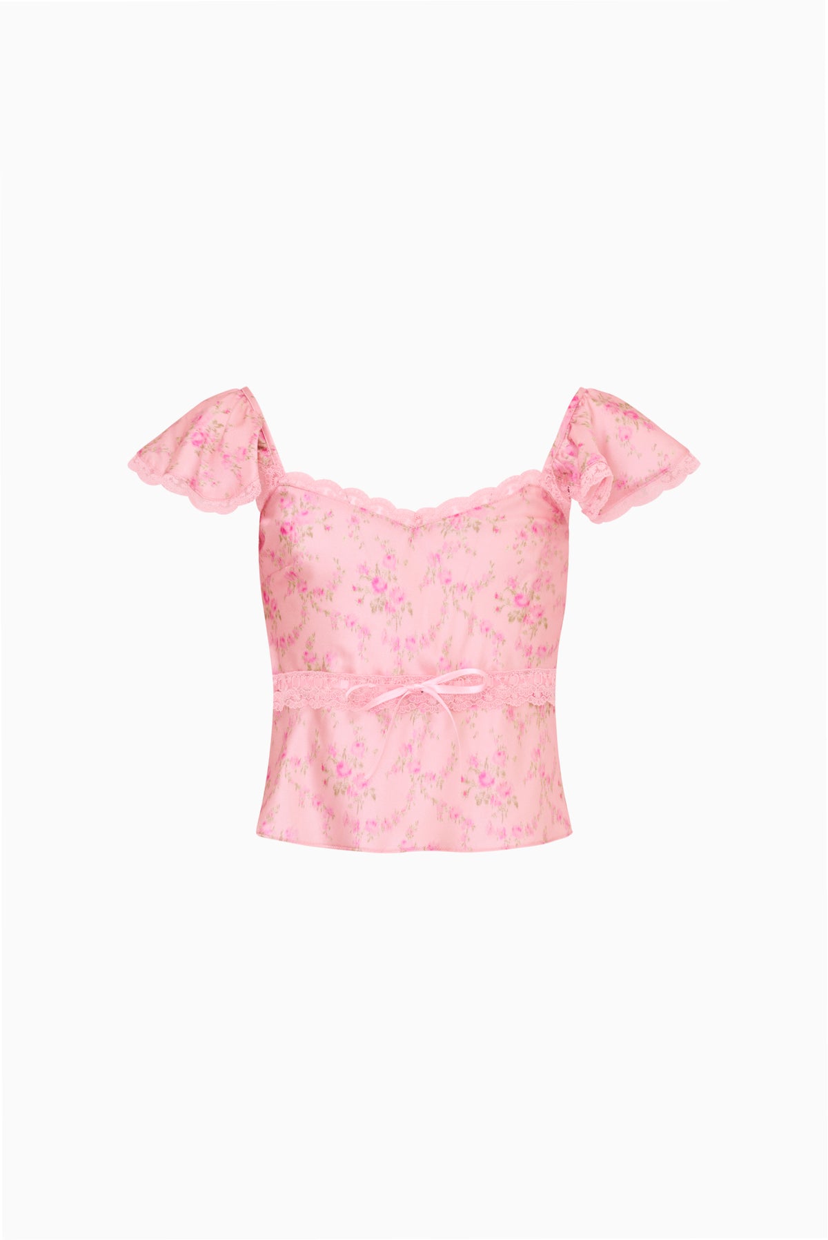 Pink floral peplum top with ruffled off-shoulder sleeves and lace trim