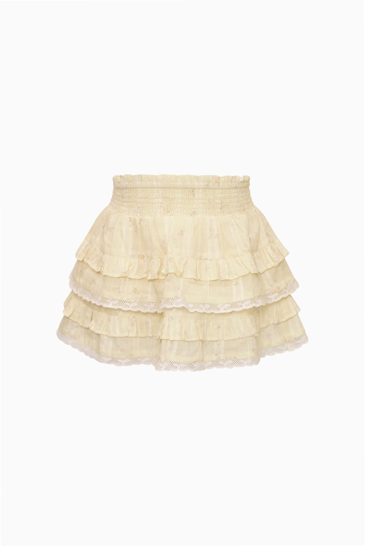 Lemon yellow ditsy floral tiered ruffle skirt with elastic waist