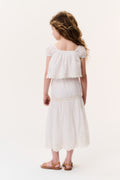 Ivory cotton lace girls' tiered skirt, back view with lace-trim tiers
