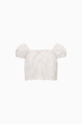 Ivory girls cotton lace top, square neckline, puff sleeves, center button placket