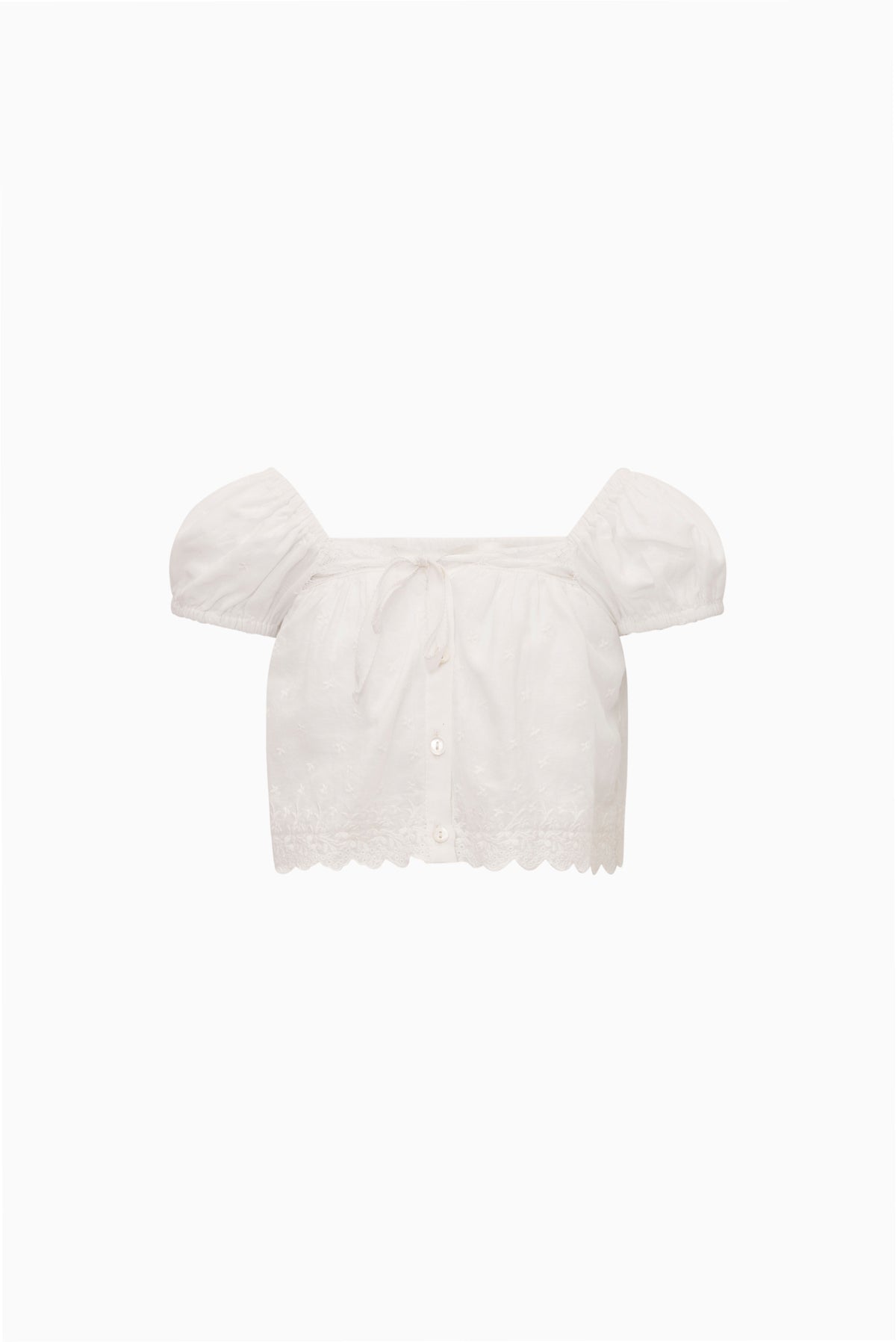 Ivory girls cotton lace top, square neckline, puff sleeves, center button placket