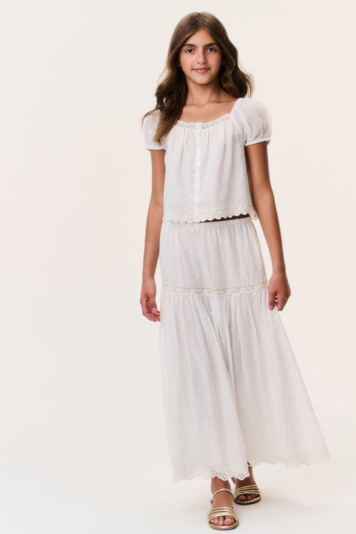 Ivory cotton lace tiered skirt for girls with eyelet-edged ruffle layers