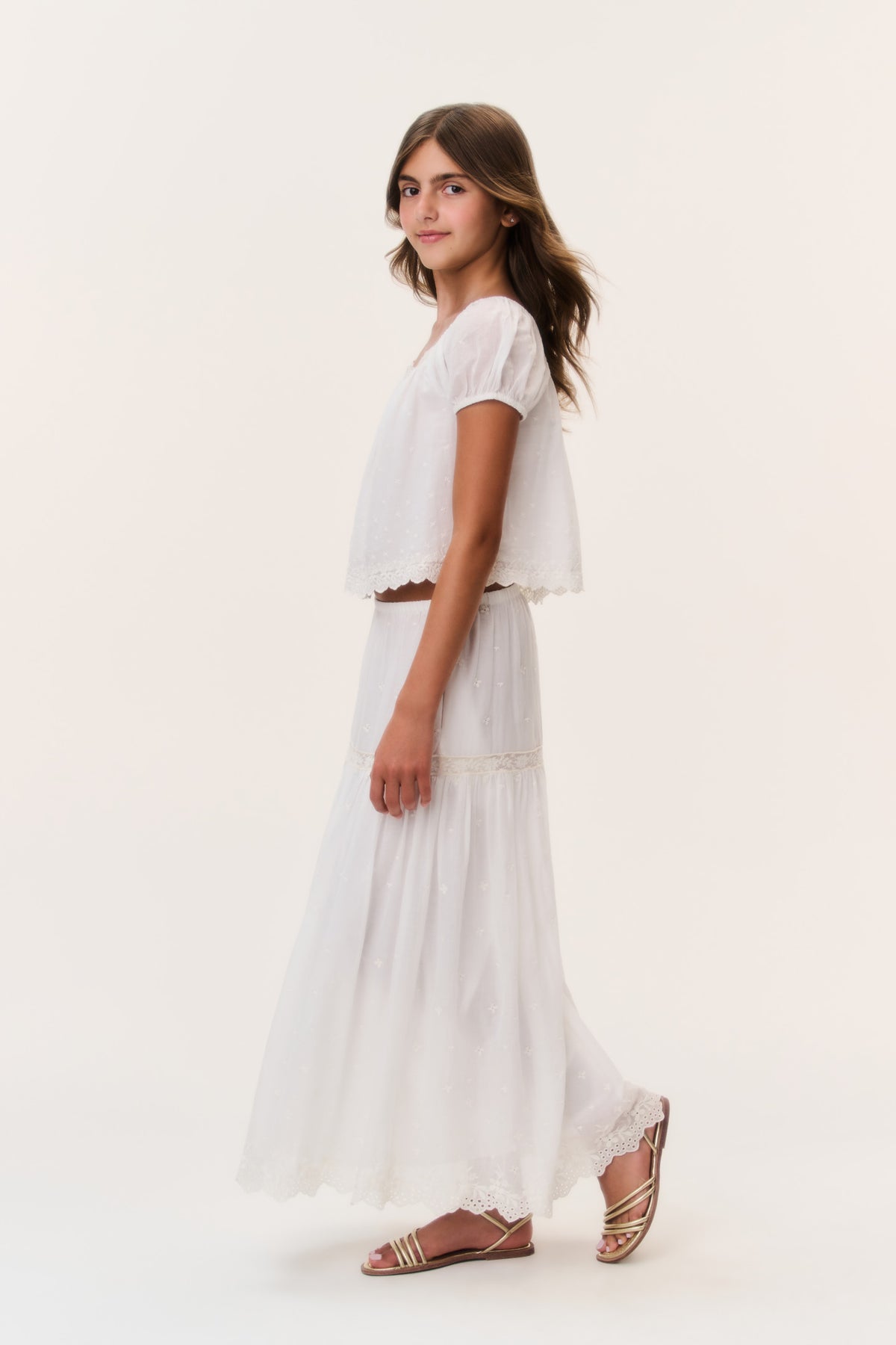 Ivory cotton lace blouse with puff sleeves and scalloped edge trim