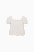Ivory tween cotton lace top with puff sleeves and scalloped hem