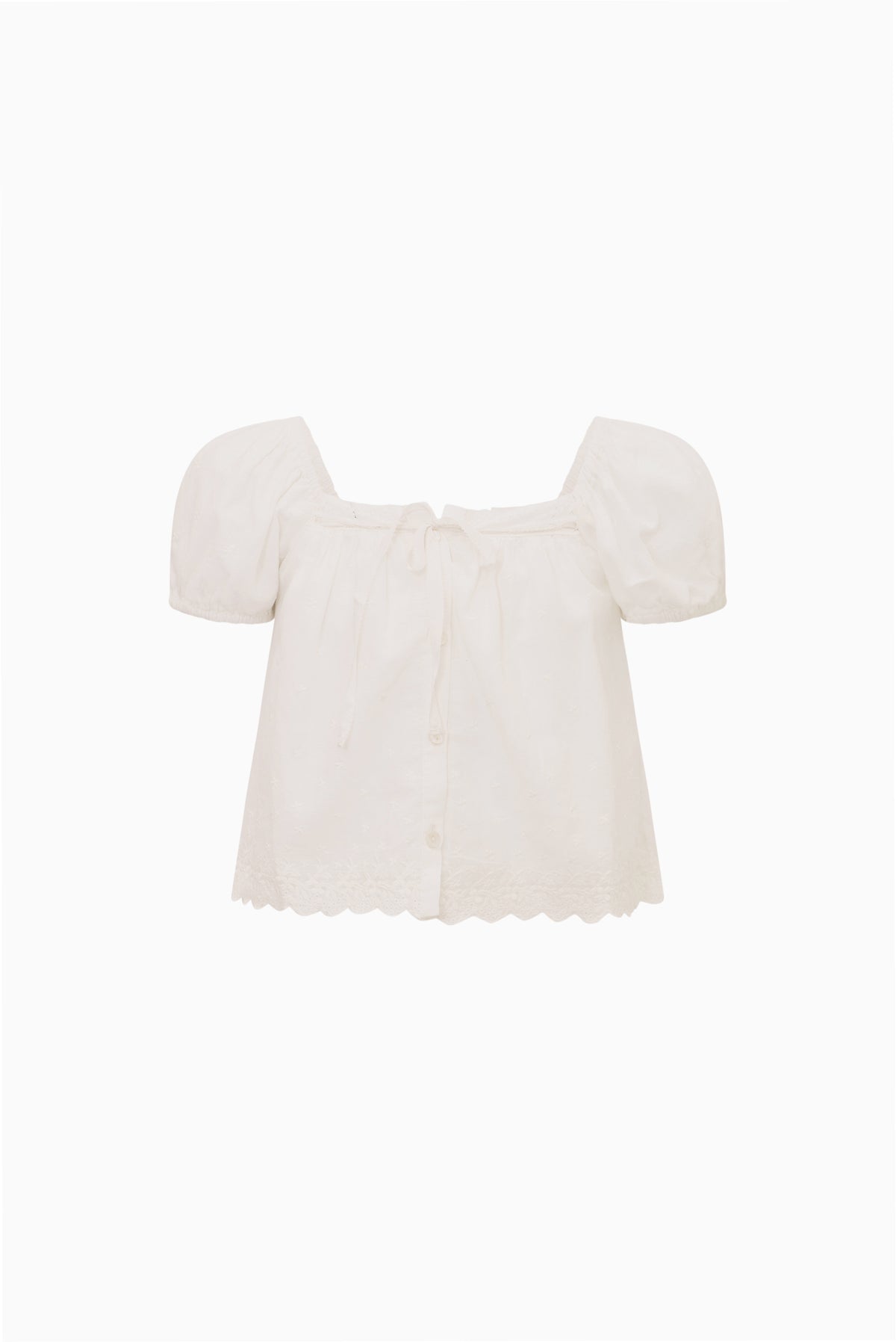 Ivory tween cotton lace top with puff sleeves and scalloped hem