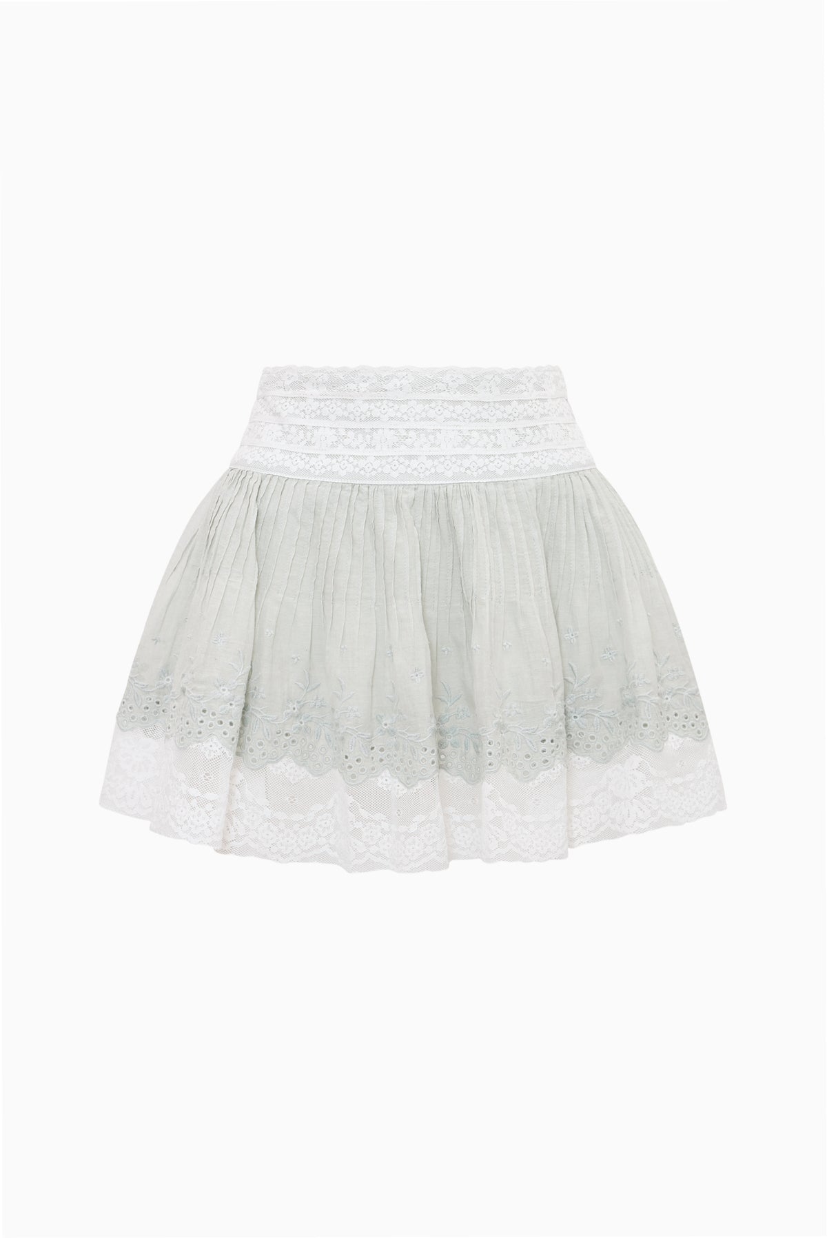 Ivory cotton mini skirt with lace-trimmed hem and textured eyelet lace panels
