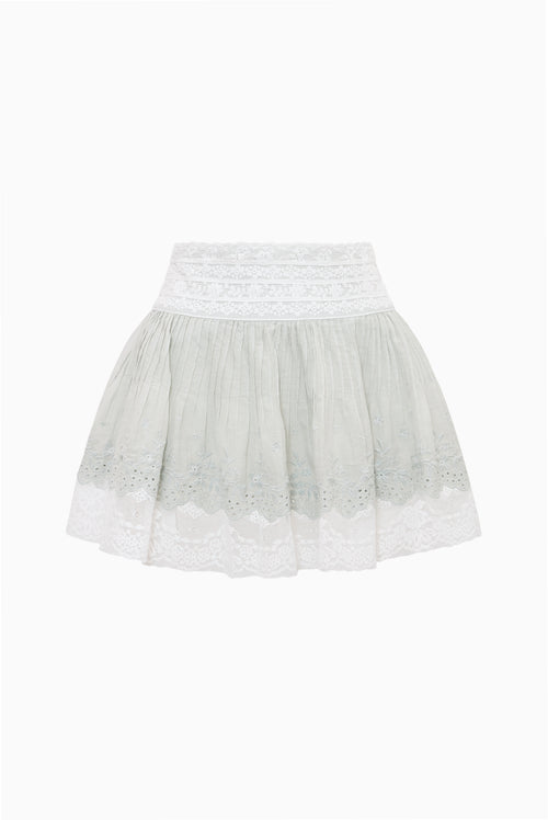 Ivory cotton mini skirt with lace-trimmed hem and textured eyelet lace panels