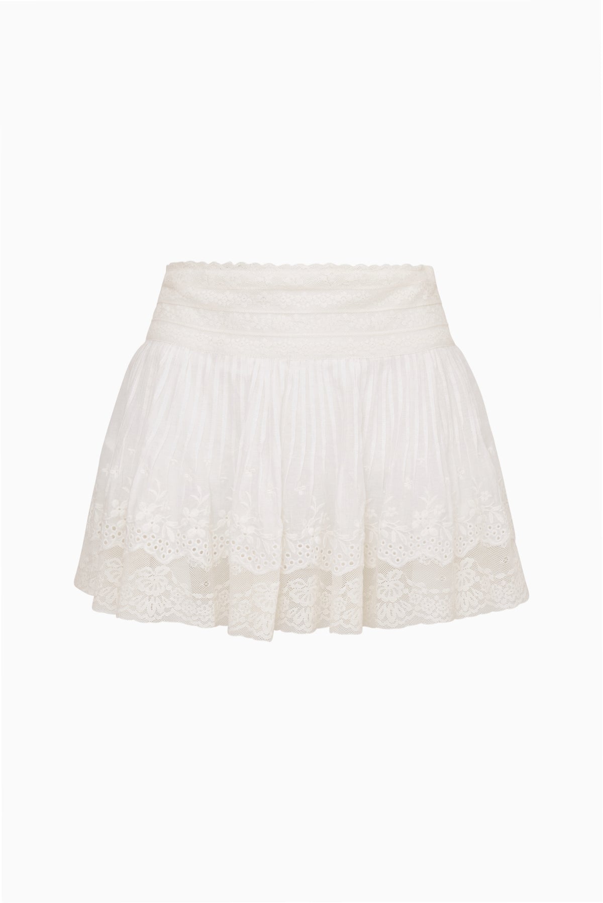 Ivory cotton mini skirt with lace-trim hem and gathered tiers