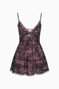 Black lace mini dress front view with spaghetti straps and scalloped hem
