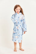 Kids cotton bath robe, light blue with floral print, hood and tie belt.