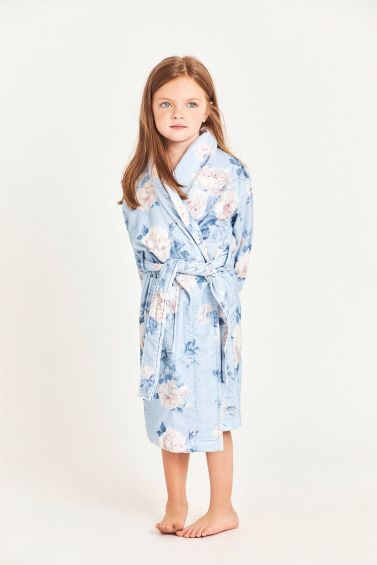 Kids cotton bath robe, light blue floral print, hooded wrap with tie belt.
