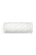 Blue striped bolster pillow with ruffled end trim