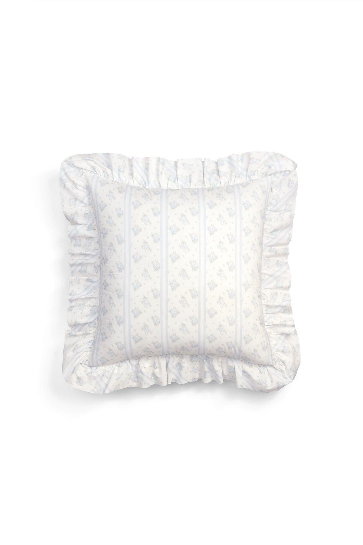 Light blue patterned ruffle throw pillow, square with gathered ruffled edge border