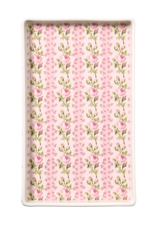 Pink porcelain fragrance tray with vertical rose-and-vine floral pattern, rectangular