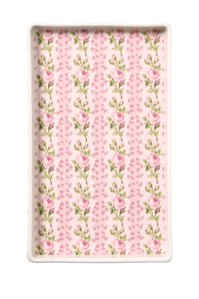 Pink porcelain fragrance tray with vertical rose-and-vine floral pattern, rectangular
