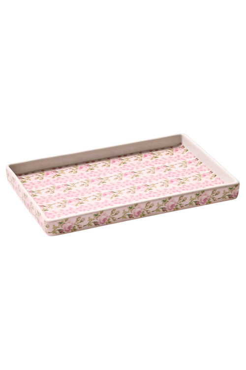 Pink porcelain fragrance tray with floral pattern and raised sides, rectangular