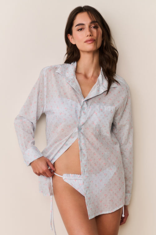 Unisex floral cotton shirt in light blue, open button front with long sleeves