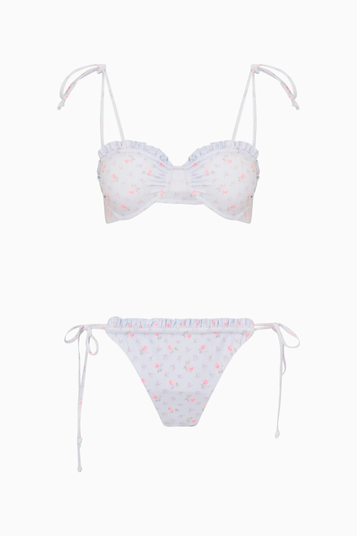 Ditsy floral bikini set in light blue with pink accents, underwire balconette and tie briefs