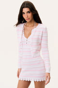 Cotton crochet cardigan with pink-and-white horizontal stripes, V-neck and long sleeves