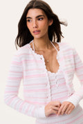 Cotton crochet cardigan with pink striped crochet texture, openwork scalloped edges