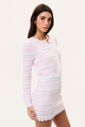 Cotton crochet cardigan side view, pink-and-white stripes and long sleeves with cuffs