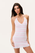 Striped cotton crochet mini dress with halter neck, scalloped trim, pink and blue rows