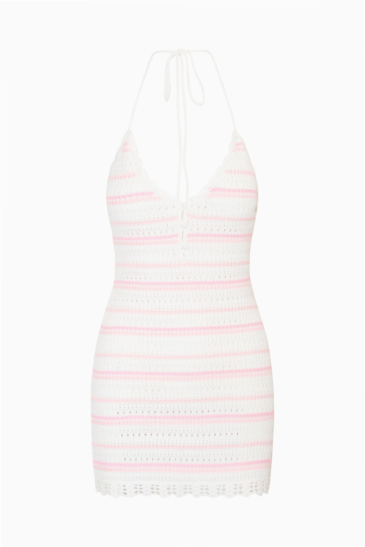 Striped cotton crochet mini dress with halter neck and open-back tie, scalloped hem