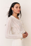Light cream knit bow cardigan, button-front V-neck with ribbon-style bow cuffs