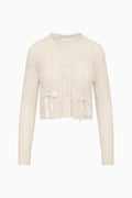 Alpaca-blend bow cardigan in light cream, button-front with long sleeves and tie cuffs