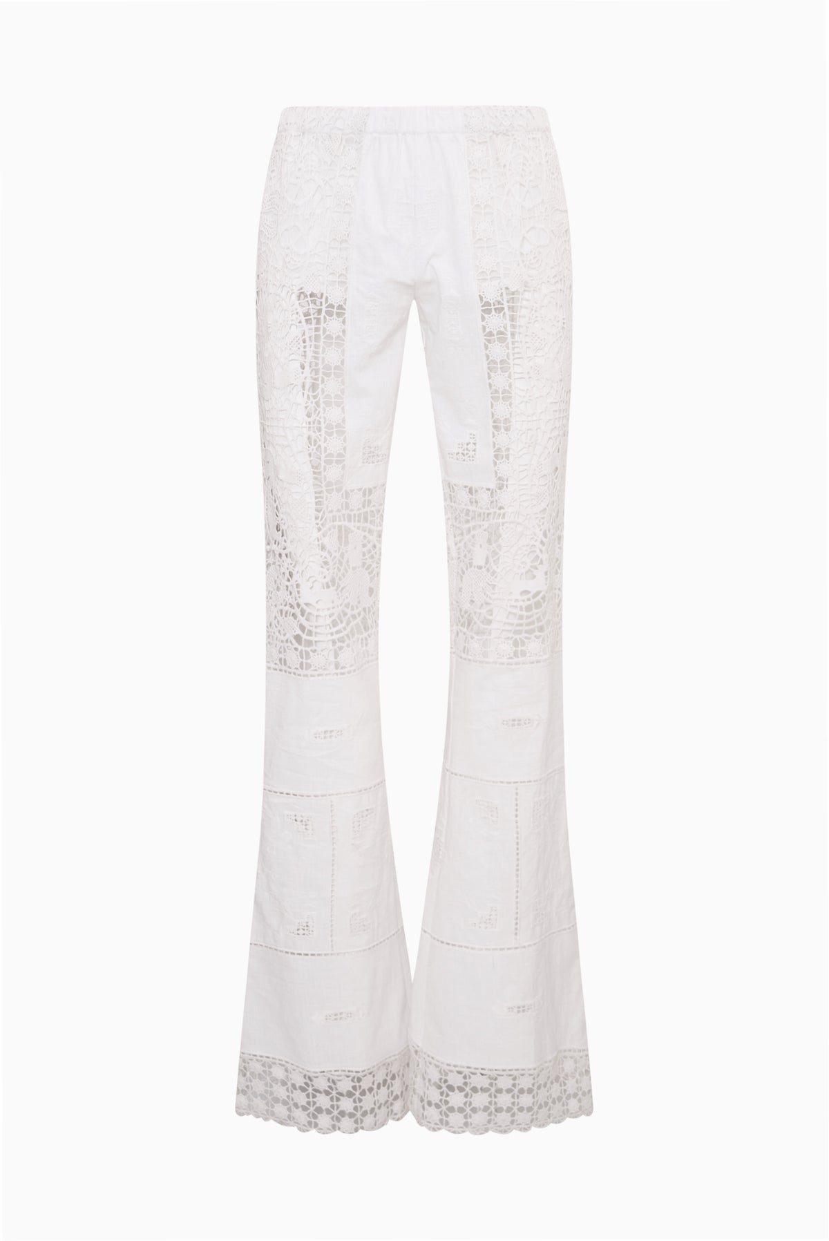 Optic white patchwork lace flared pants, full-length flat front